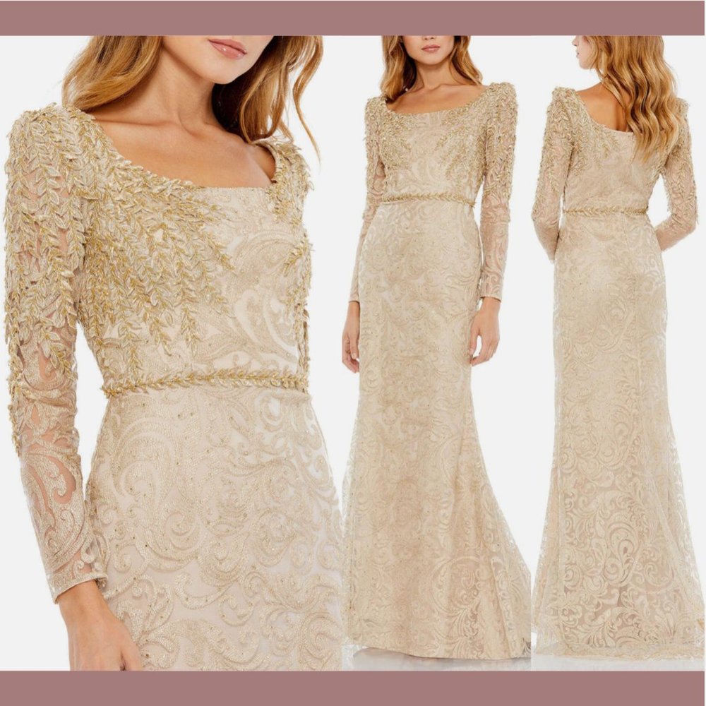 NWT $698 Mac Duggal‎ [ 16 ] Embroidered Applique Trumpet Gown in Light Gold